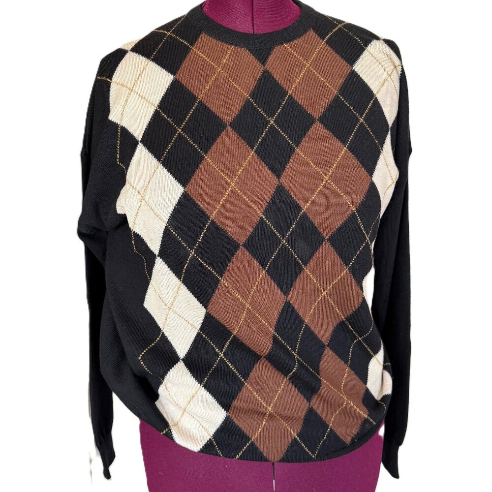 100% Pure Scottish Wool crew neck back & tan Argyle sweater Size 12-14